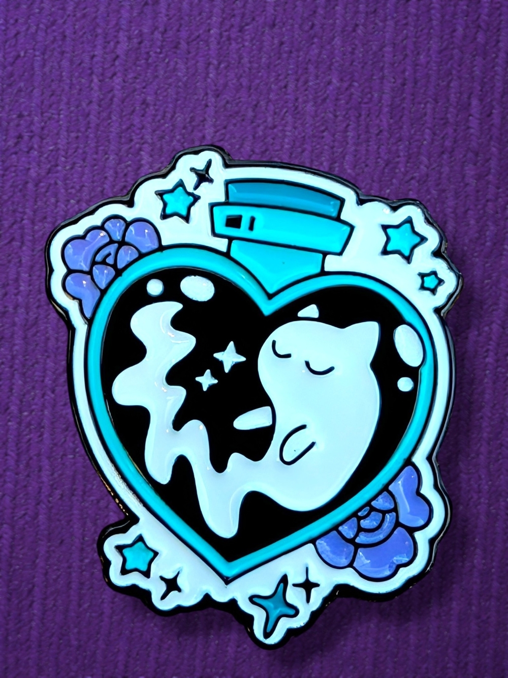 Sleepy Bottled Cat Ghost Heart Enamel Pin in Teal and Purple
